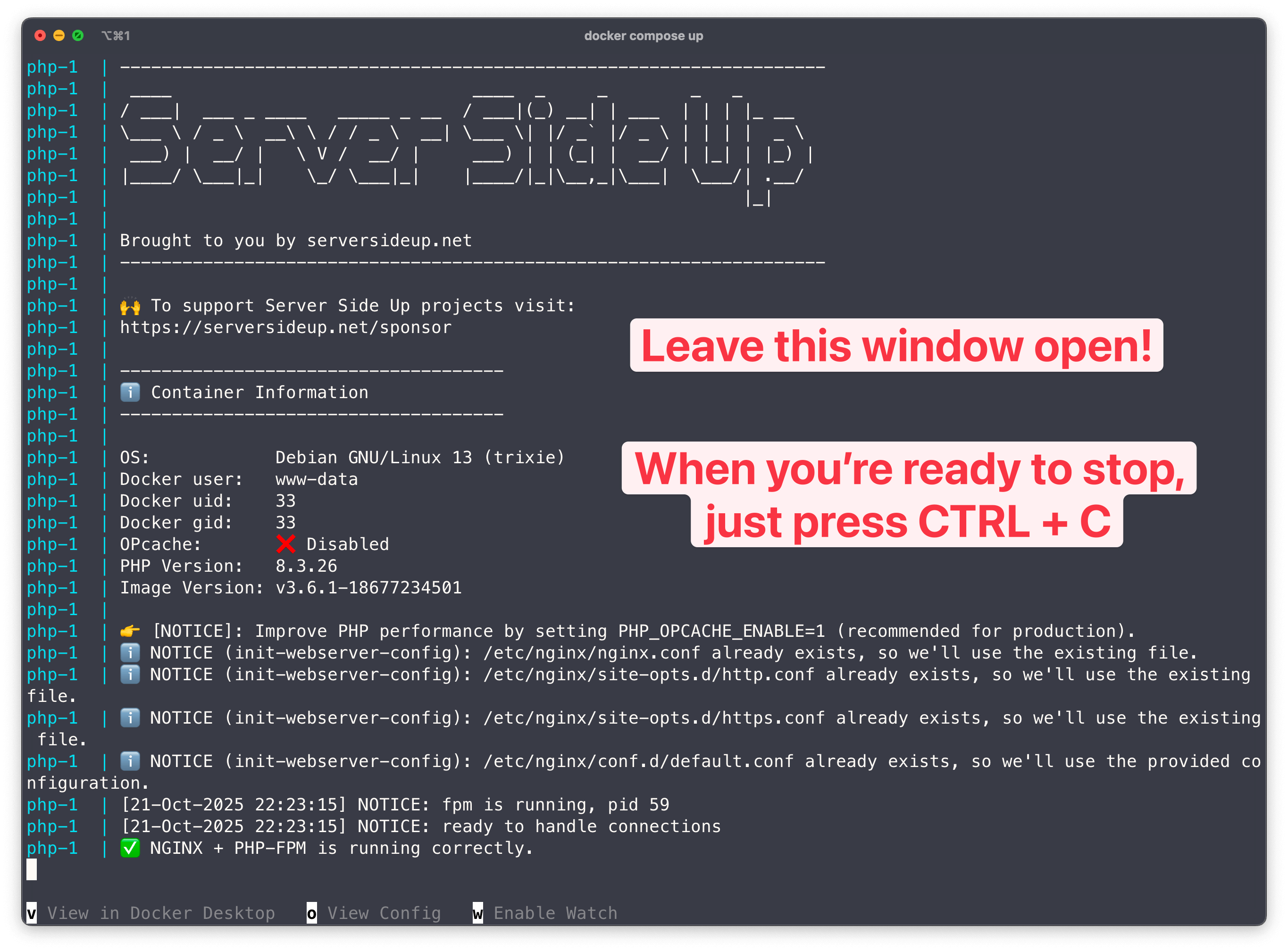 Terminal output showing Docker Compose successfully starting a PHP container with nginx logs
